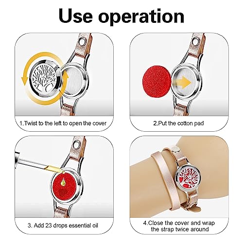 PHOGARY Aromatherapy Essential Oil Diffuser Bracelet Set for Women, Anxiety Bracelet Stainless Steel Locket with Genuine Leather Wristband Jewelry Gift for Mother Girlfriend Sister, Tree A - Image 3