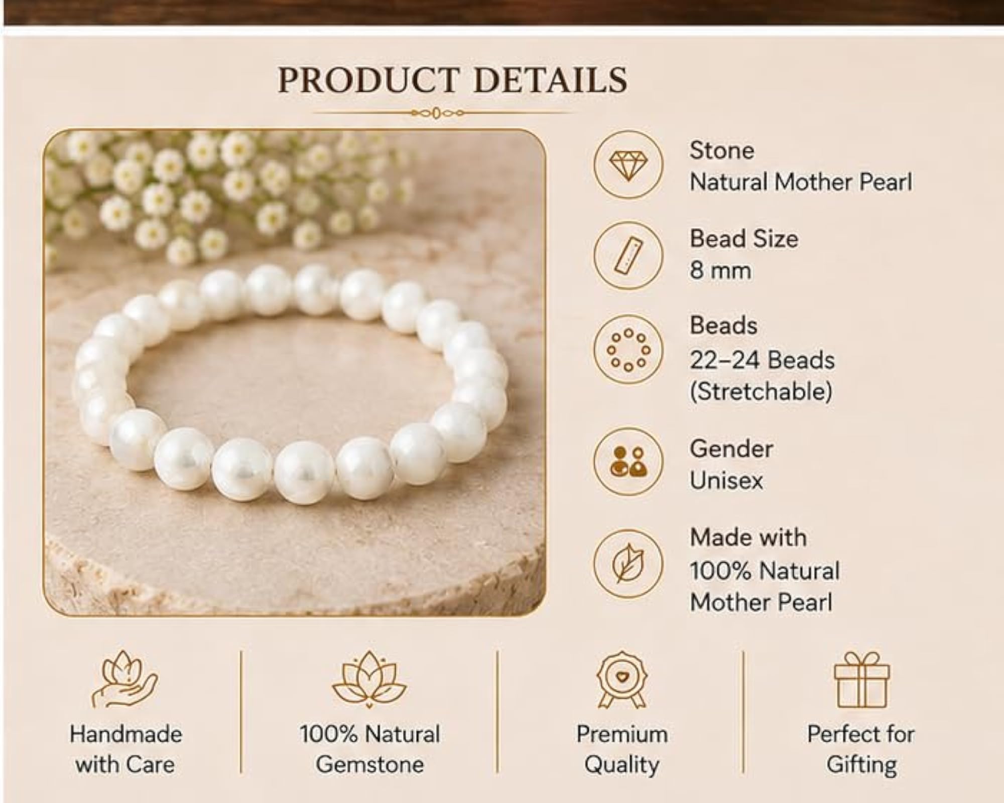 Natural Mother Pearl Beaded Bracelet, Elegant Gift