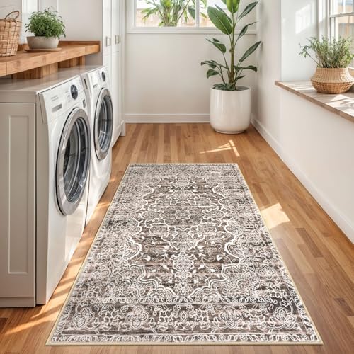 KUTA Vintage Floral Rug 3x5 Area Rugs for Living Room Brown Washable Kitchen Carpet Non-Slip, Ultra Soft Printed Distressed Tribal Entry Low-Pile Throw for Bedroom Home Décor