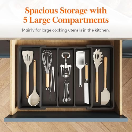 Image of TASMAX Expandable Cutlery Organizer For Kitchen Drawer, Adjustable Cutlery Tray, Multipurpose Storage For Spoons Forks Knives, Tandom Drawers Accessories, Black, Large (Kitchen Drawer)