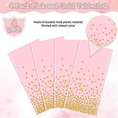 Image of FunnyPars 4 Pack Pink and Gold Plastic Tablecloth for Parties, Pink Disposable Table Cloth for Rectangle Tables, Gold Dot Confetti Light Pink Tablecloth for Birthday Wedding Baby Shower Party, 54x108