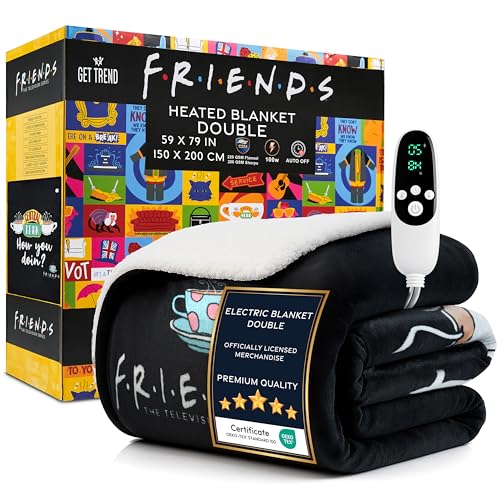 Image of FRIENDS Electric Blanket 150x200cm, Double Size Soft & Luxurious Sherpa Fleece Heated Blanket, 9 Heat Settings & 12-Hour Auto-Off Timer (Black Friends, Double UK)