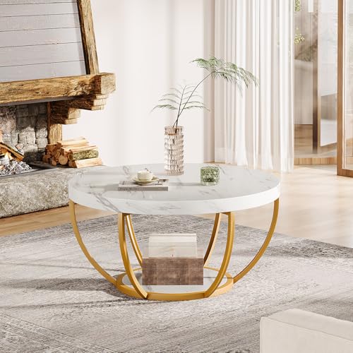 Image of Tribesigns White and Gold Round Coffee Table, 31.7 inch Living Room Table