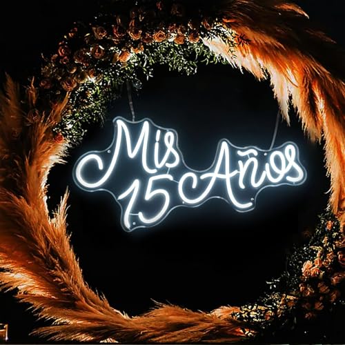 Image of Mis 15 Anos Neon Light Custom 15th Birthday Party Led Neon Light Signs Decor, Mis Quince Party Wall Decor, Sweet 15 Quinceanera Party Sign Gifts - for Her. Size:19.5x10inch- USB Powered (White)