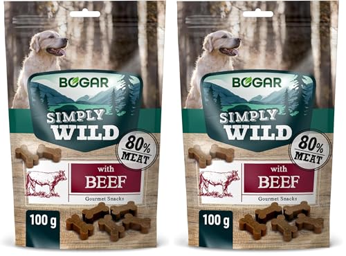 Bogar - Simply Wild - Snack per cani - Cibo per tutte le taglie di cane - Biscotti per cani a forma di osso - Integratori per animali - Gusto manzo - 100g (Confezione da 2)