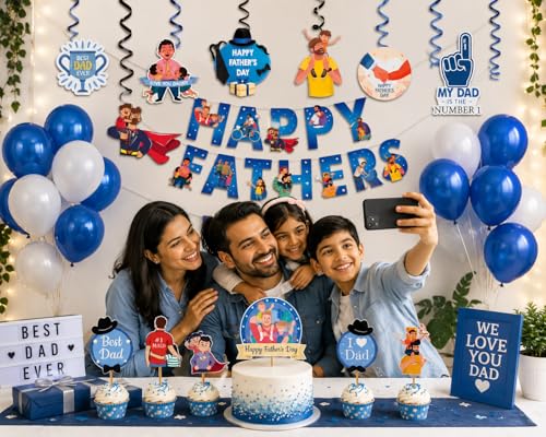 Image of Festiko Father's Day Decoration Kit for Celebration Party, Super Dad Banner with Balloons, Cake Topper & Photo Booth Props for Fathers Day Surprise Decoration Supplies for Home Party