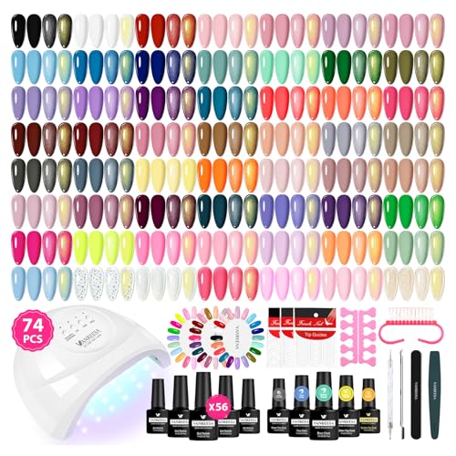 VANREESA Juego de uñas de gel, 56 colores U V esmalte de uñas Set con lámpara U V de 48 W para uñas de gel, juego de uñas tú mismo con herramientas de uñas profesionales, regalo para mujeres