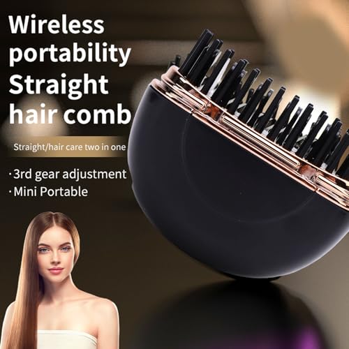 Image of Brrnoo Mini Cordless Hair Straightener Brush, Rechargeable Hot Brush Curling & Straightening for All Hair Types with Fast Heating 3 Temperature Settings 1500mAh Battery (Black)