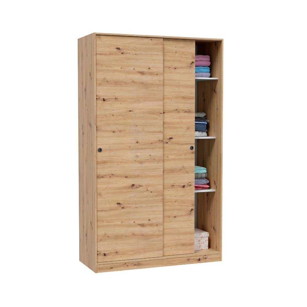 Mobelcenter, Armario 2 Puertas Correderas, Armario Matrimonio o Juvenil con 4 estantes y Barra de Colgar, Acabado Color Roble Nodi, Medidas: Ancho: 120 cm x Fondo: 50 cm x Alto: 200 cm (1385)