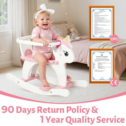 Image of FUNLIO Wooden Unicorn Baby Rocking Horse Ages 0.5-3, Cute Baby Rocking Horse with Removable Fence & Backrest, Easy to Assemble Toddler Wooden Rocking Horse, CPC & CE Certified - Pink