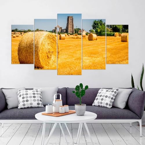 Coucher de soleil dans un champ deco murale salon 5 parties grand tableau