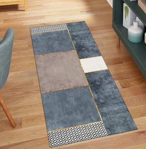 Alfombra moderna para pasillo azul y gris, lavable y de 70 x 300 cm 2