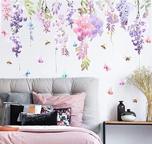 HPUINB Blossom Flower Wall Stickers for Bedroom,Pink Floral Wall Decals for Living Room,Butterfly Branch Flowers Window Stickers,Green Plants Leaf Wall Art Stickers for Kids Nursery TV Wall Home Decor