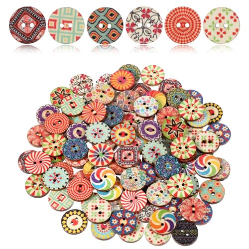 LIQWEI 100 Pcs Mixed Vintage Wooden Buttons, 15mm Craft Buttons Assorted Flower Button with 2 Holes, Round Sewing Decorative Button for DIY Clothes Sewing Craft Decorative Handmade Projects