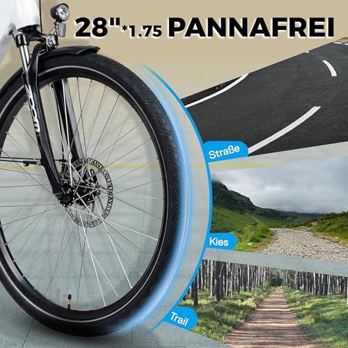 SAXXX E Bike Damen 28 Zoll Tiefeinsteiger mit 36V 13Ah Akku, Elektro Fahrrad Erwachsene mit Scheibenbremse, 7 Gang Kettenschaltung Pedelec mit Federgabel, Gepäckträger für Damen/Frauen Herren/Männer – Bild 5