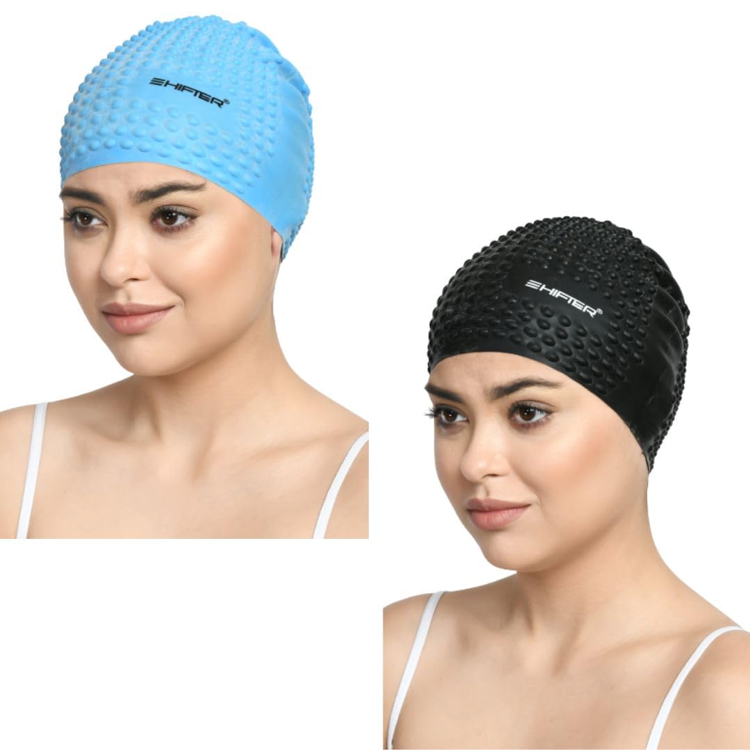 SHIFTER Latest Designed Long Hair Silicone Swim Cap, Keeps Hair Clean with Ear Protector,Waterproof Silicone Swimming Cap for Adult Woman and Men,Swimming Bubble Dotted Cap Extra (Black+LIGHTBLUE) (B0CDXK6S9H) Amazon Price History, Amazon Price Tracker