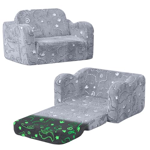MeMoreCool Glow-in-the-Dark Dinosaur Kids Couch, 2-in-1 Foldable Kids Couch and Sofa Chair for Playroom Nursery, Soft Foam Fold Out Lounger for Boys Ages 1-3, Washable Cover, Gray
