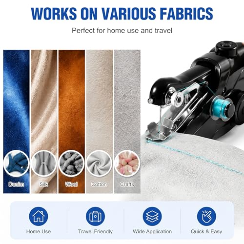 Image of Portable Handheld Sewing Machine for Adults - Mini Hand Held Sewing Stitching Machine for Beginners - Small Electric for Hemming Quick Fabric Home Travel Clothes Pants DIY Fabric Denim