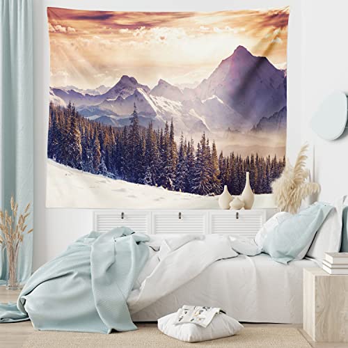 Ambesonne Nature Tapestry, Evening Winter Landscape Dramatic Surreal Overcast Sky And Majestic Mountains, Wide Wall Hanging For Bedroom Living Room Dorm, 80" X 60", Purple Orange #TOP4