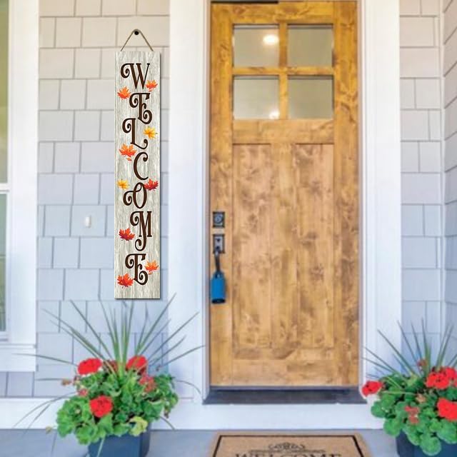 Fall Welcome Porch Sign Fall Wooden Signs For Front Porch Maple Leaf Pumpkin Indoor Outdoor Seasonal Hanging Front Door Thanksgiving Holiday Party Farmhouse Wall Decoration (48inx8in)