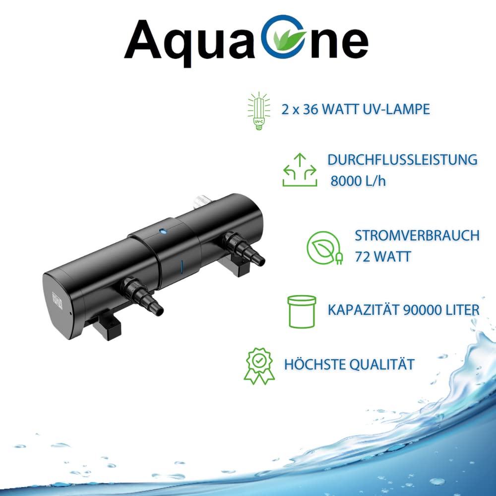 AquaOne Clarificateur UVC CUV 2072 I Clarificateur d'eau avec lampe UV 72 W I Clarificateur UVC I Eau claire dans l'étang I Destructeur d'algues pour bassin de jardin, piscine, aquarium