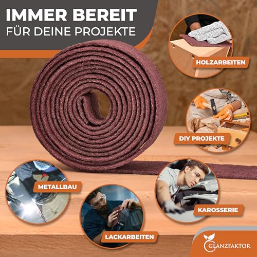 GLANZFAKTOR Schleifvlies Rolle 5m x 100mm Korn 240 – Vielseitiges Schleifvlies Metall, Holz, Lack, Edelstahl – Ideales Schleifpad, Schleifschwamm für professionelle Anwendungen