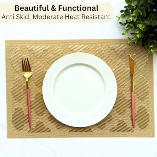 Image of Livmodern Premium Dining Table Mats for 6 Seater | Woven PVC Placemats | Anti Skid & Moderate Heat Resistant | Washable & Wipeable Set of 6 - Golden Clover