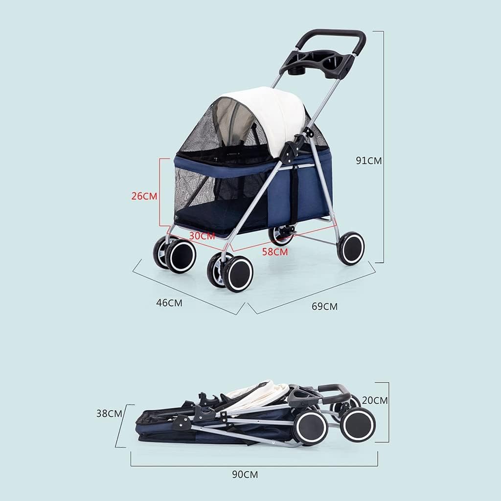Pet Stroller Simple One-Hand Folding 4-Wheel for Cat/Dog Reversible Direction Universal Wheel Seat Belt with Link Brake (Black)
