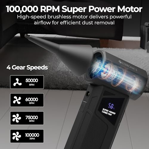Image of Zebronics AIRGUN 700 Handheld High Speed Air Duster, Upto 60mins Runtime, 100000 RPM Motor, 35m /s Airflow, 4 Speed Modes, 4000mAh Battery, Digital Display, LED Light, Precision Nozzles, Compact Design