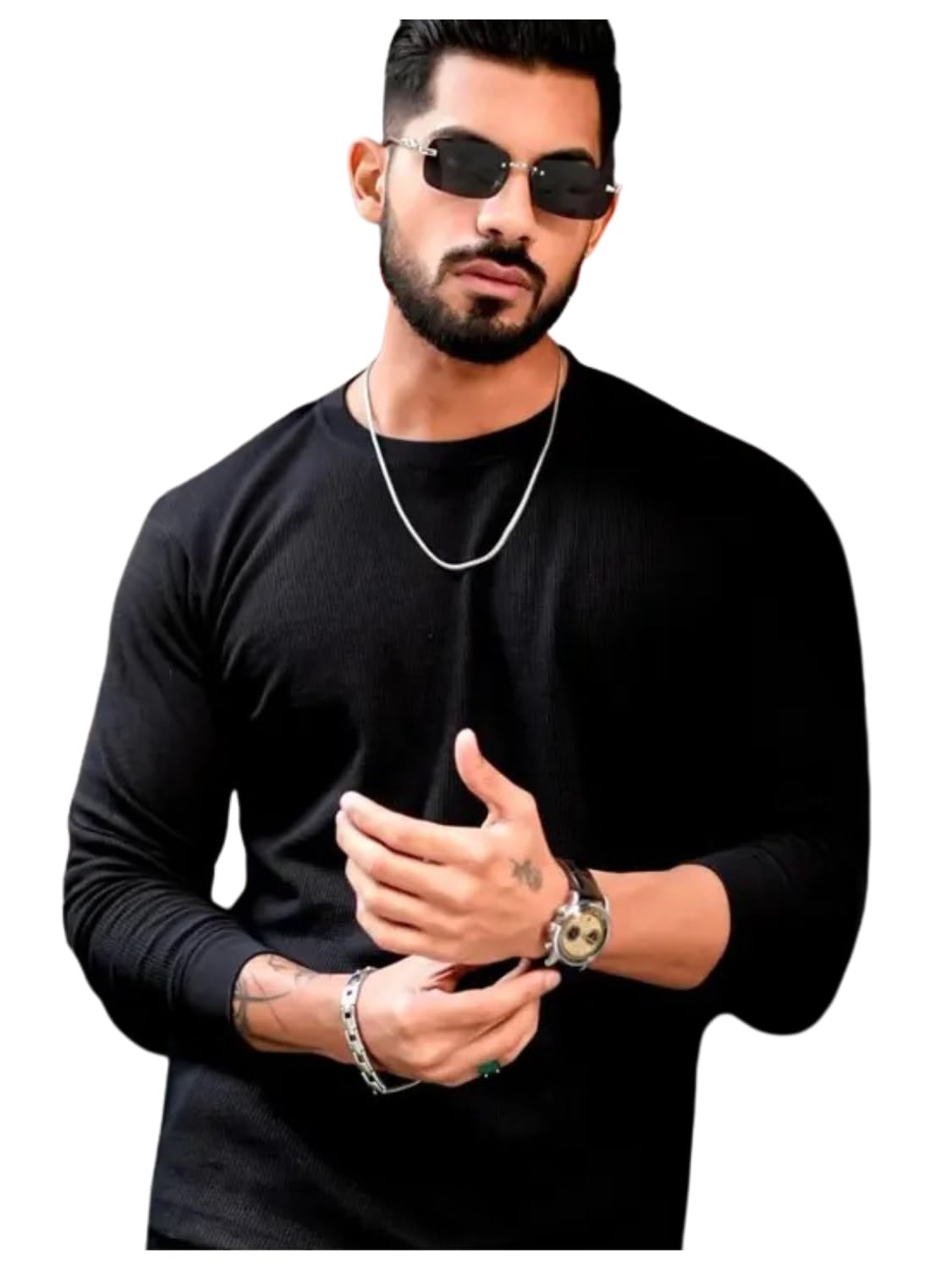 Tokyo Talkies Men Slim Fit Textured T-Shirt, Long Sleeve Crew Neck Casual Stretch Top, Solid Green Fashion Tee for Winter, Autumn, Gym, Outdoor Use(Full_Sleeve_Popcorn (2)) in green