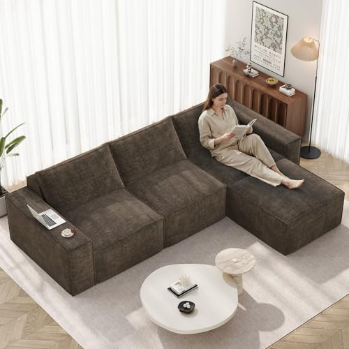 Image of Vesgantti 114 inch Modular Boneless Couch, Modern 3 Seater Sectional Sofa with Ottoman & Deep Seat, Convertible Chenille L Shaped Cloud Couches for Living Room, No Assembly Required, Dark Brown