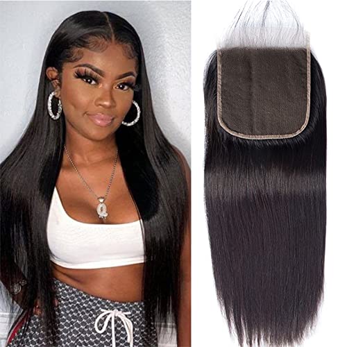 6X6 Closure Only 22 Inch Pre Plucked Bleached Knots 6 By 6 Straight Lace Closure Real Indian Natural Hair Remy Human Hair 9A Grade Unprocessed Virgin Hair 1B