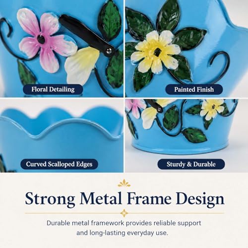 Image of Go Hooked Metal Flower Pot Planter (Pack of 5, 6 Inch) | Decorative Blue Indoor Outdoor Plant Pot with Floral Embossed Design | Round Planter for Home Balcony Garden Decor