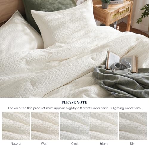 Image of PHF Soft Waffle Comforter Set Queen Size- Comfy Breathable Waffle Weave Comforter with 2 Pillow Shams, 3 Pieces Less Snagging Lightweight Textured Bedding Set for All Season, Cream