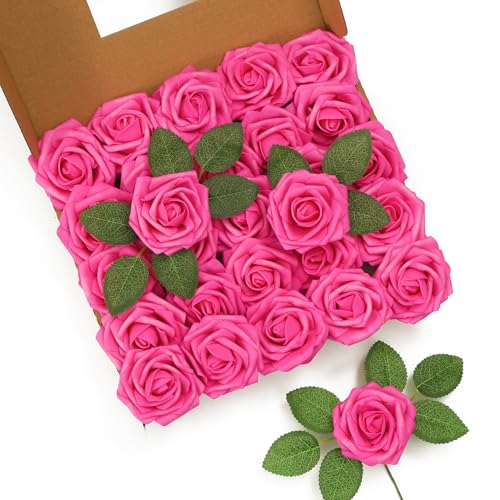 LEUCHTAMOR 25Pcs Artificial Roses Flowers Hot Pink Foam Roses Real Touch Fake Rose Heads for DIY Flower Garland Baby Shower Wedding Bridal Bouquets Table Floral Arrangement Party Home Decoration