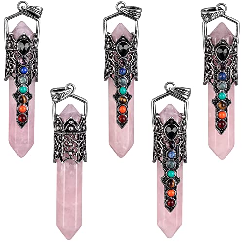 Nupuyai Vintage 7 Chakra Rose Quartz Crystal Point Pendant Necklace for Men Women Hexagonal Pendulum Reiki Healing Stone Pendant with Chain - Image 3