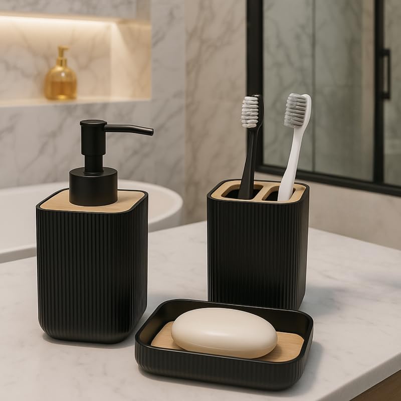 Image of KALLISTO 3Pcs Modern Bathroom Set Storage Organiser | Liquid Dispenser, Toothbrush Holder and Soap Holder for Bathroom | Bathroom Accessories | Handwash Dispenser | Soap Case | Soap Dish (Black)