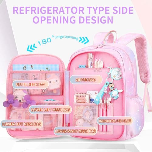 Image of Kawaii Fantasy Colorful Gradient Backpack with Cute Rabbit Plush Pendant for Elementary School Teens Girls Aesthetic Lightweight Waterproof School Bag with Multiple Pockets & Hidden Zipper