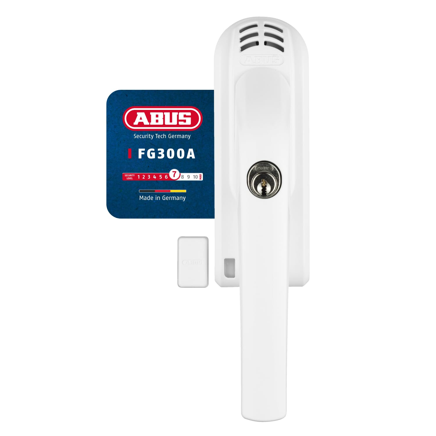 ABUS Tirador de ventana con cerradura FG300A AL0145 – Pomo para ventana con cilindro de presión y función de alarma, cierre uniforme, nivel de seguridad ABUS 7 – 71900 – Blanco