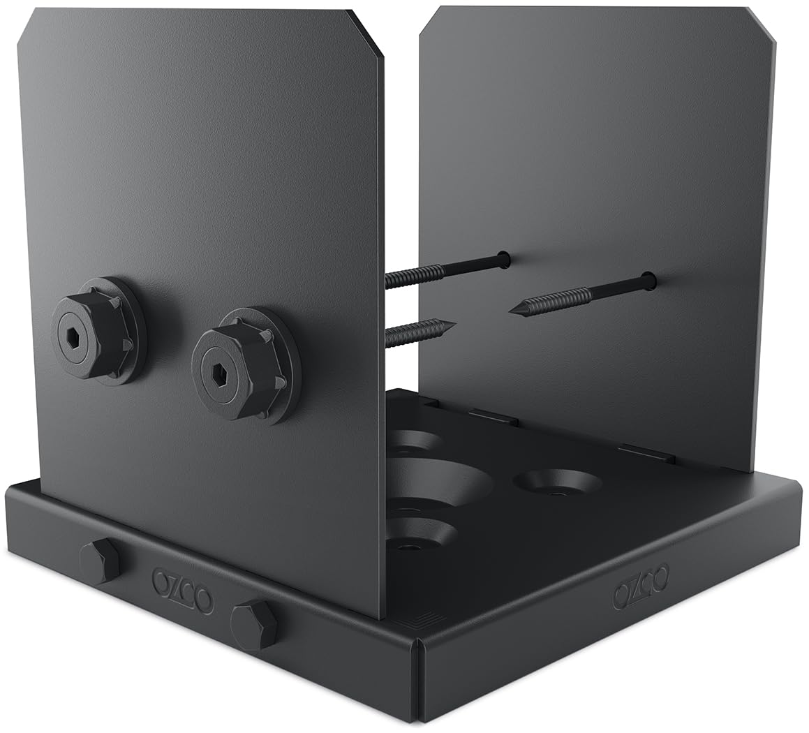 Ozco Ironwood Lite 8x8 Post Base Kit, Includes 1 Post Base Plate, 2 Decorative Plates, 4 Hex Cap Nuts, OWT Timber Screws, Galvanized Steel for Pergolas | 52109