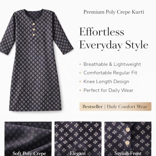Image of Abhivesha Trends Women's Floral Printed Poly Crepe Kurti | 3 /4 Sleeve | Knee Length Straight Kurta for Women | Casual Office Wear | L