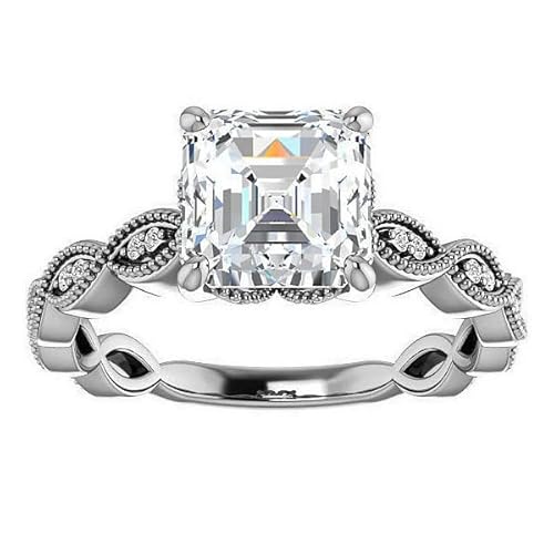 Jeweleryn 4 Ct Asscher Moissanite Engagement Ring, Wedding Bridal Ring Set, Diamond Promise Rings, Solitaire Halo, Solid Silver Vintage Antique Anniversary Ring Set (7) #TOP2
