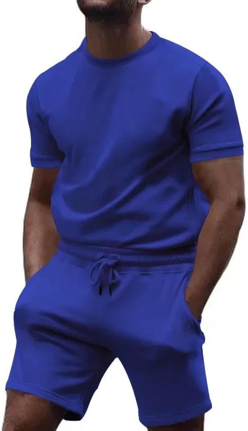 Men's Summer Solid Color Cotton T-Shirt And Shorts Set Crew Neck Casual Loose Fit Outfit
