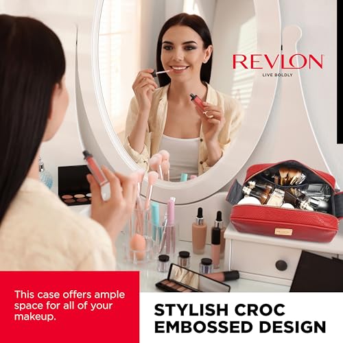 REVLON Croc Embossed Makeup Bag - Small Makeup Pouch, Travel Makeup Organizer with Two Zippers, Cosmetic Bag, Mini Makeup Case with Pockets - Gifts for Women, Ladies, or Teen Girls, Cherry Red2