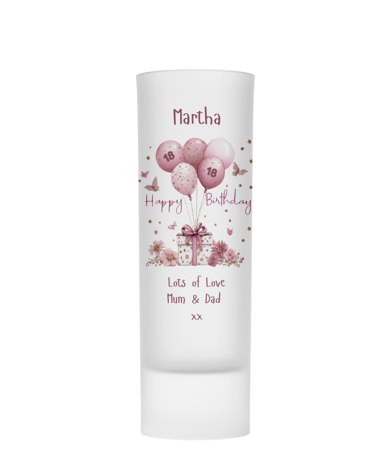 Personalised Frosted Shot Glass, Happy Birthday Design, Pink Present & Balloons Theme, 18th 21st Birthday Gift
