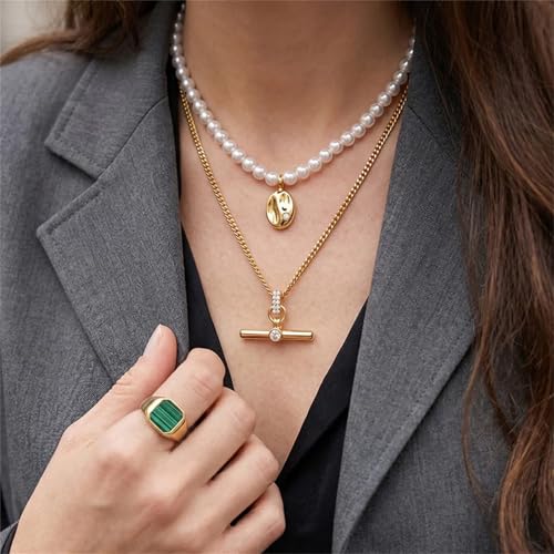 Image of Jeulia Vintage Oval Rice Pearl Choker Necklace for Women, 14K Gold Plated Andy Style Enamel Heart Pendant Dainty Beaded Pearl Jewelry Gifts for Birthday Anniversary Daily Party Wear