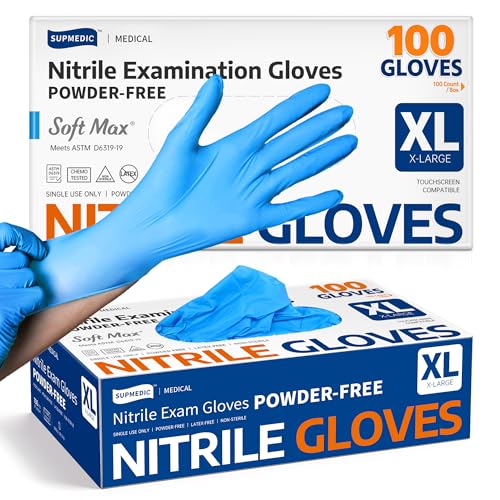 Supmedic Medical Nitrile Exam Gloves, Latex-Free, Powder-Free, Food Safe, Cooking Food Prep, Disposable Gloves, Blue, 100 Pcs (X-Large)