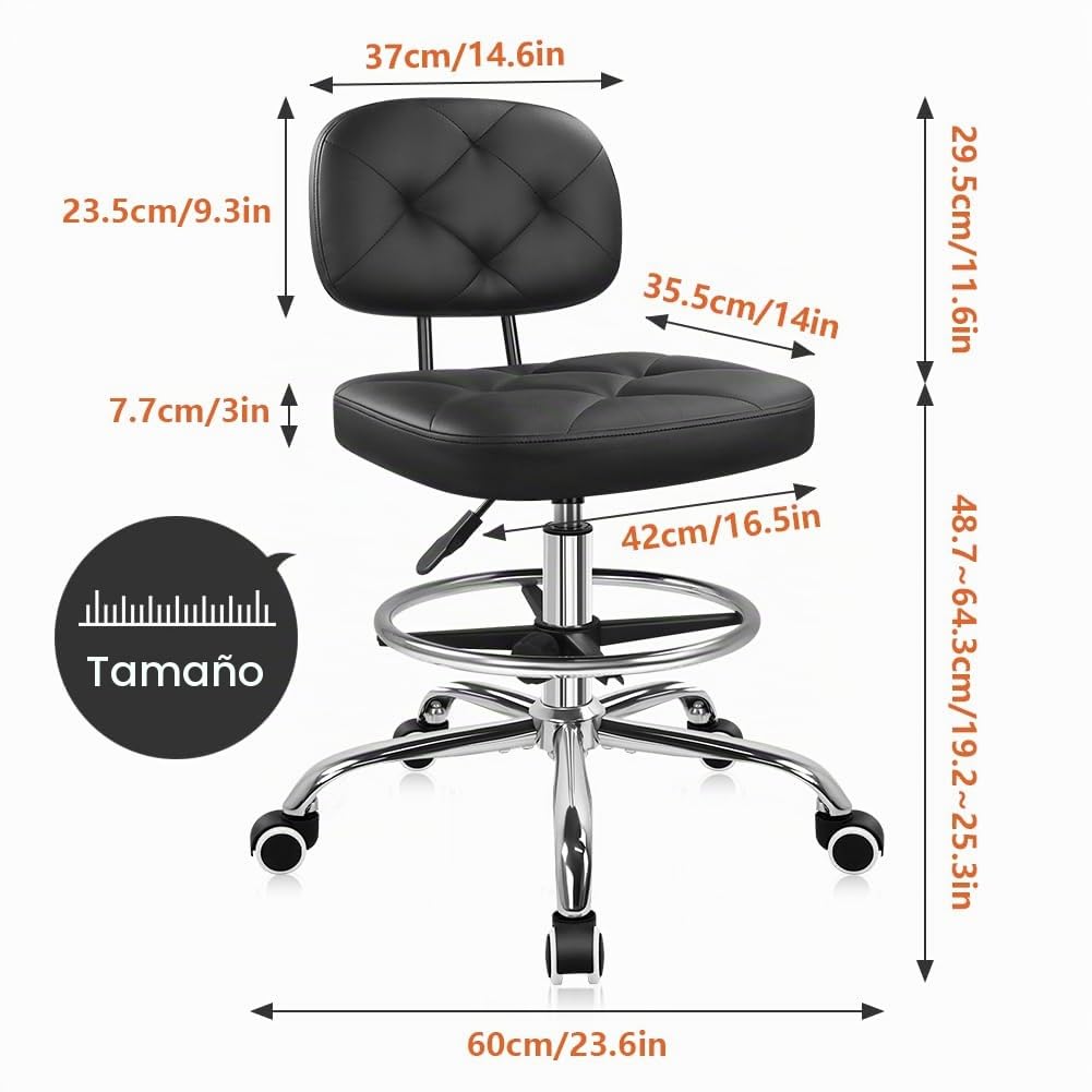 KKTONER Taburete de dibujo con respaldo rodante con reposapiés con ruedas, altura ajustable, sillas de piel sintética para tocador de oficina (negro)