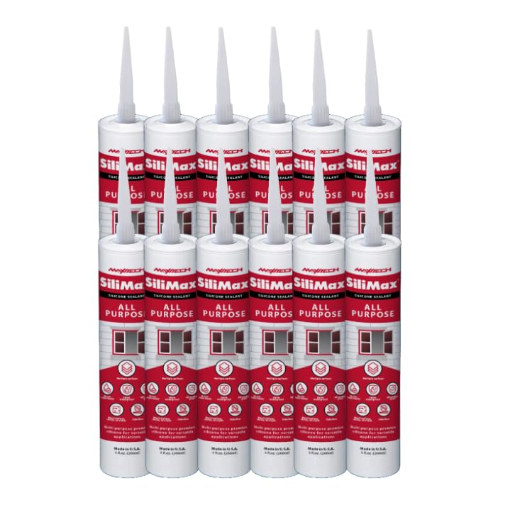 SILIMAX All-Purpose Silicone – 100% Silicone Caulk, Clear Silicone Sealant Waterproof, RTV Silicone Sealant – 9.5 fl oz Cartridge, 12-Pack (12-Pack, 12, Count)
