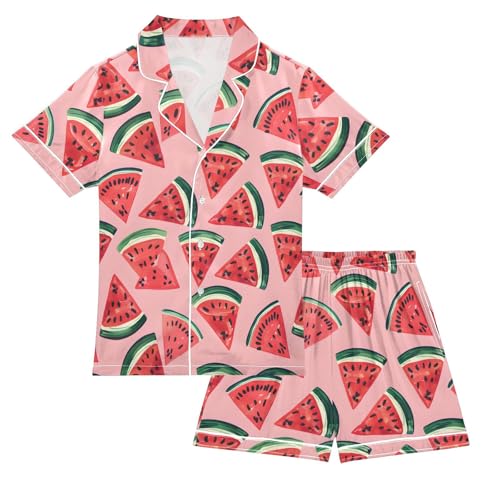 ALAZA Cartoon Watermelon Slices Satin Pajamas Set Short Sleeve Button Down Sleepwear Summer Pjs 2 Piece